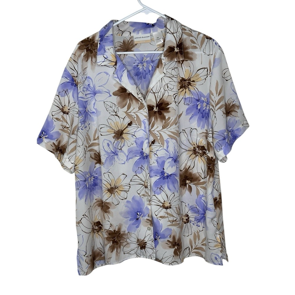 Alfred Dunner Woman Watercolor Floral S/S Button Up Camp Shirt 20W 20 Cream Blue